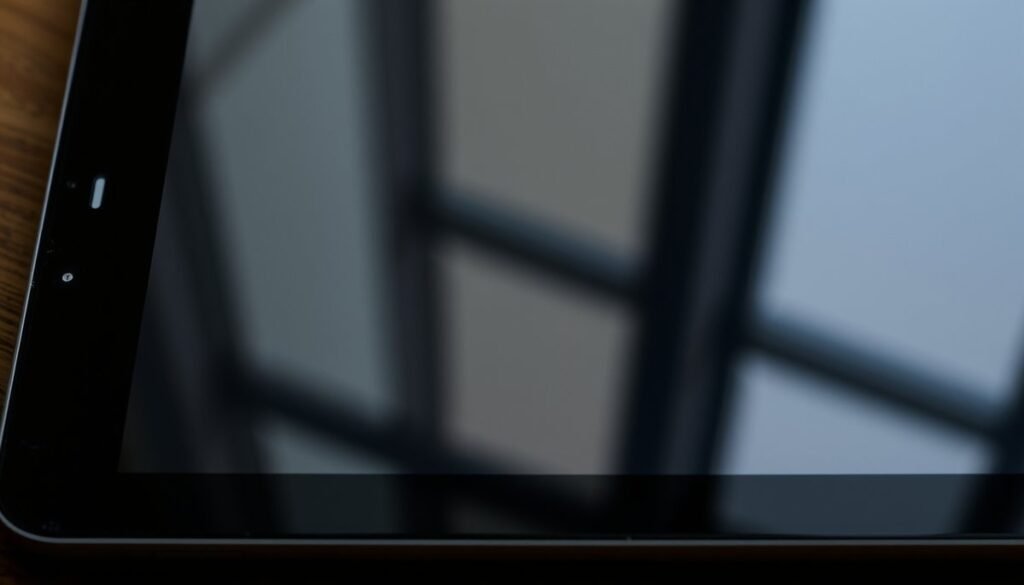 Tablet mostrando interface de Adobe Creative Cloud con trabajo de diseño en progreso, paneles de capas y herramientas profesionales Adobe Creative Cloud