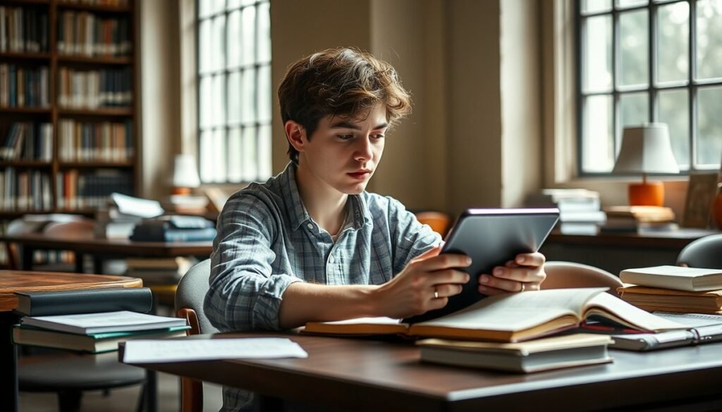 Student working with 128GB tablet showing split-screen study materials and note-taking apps Cuándo es recomendable dar el salto a los 128 GB