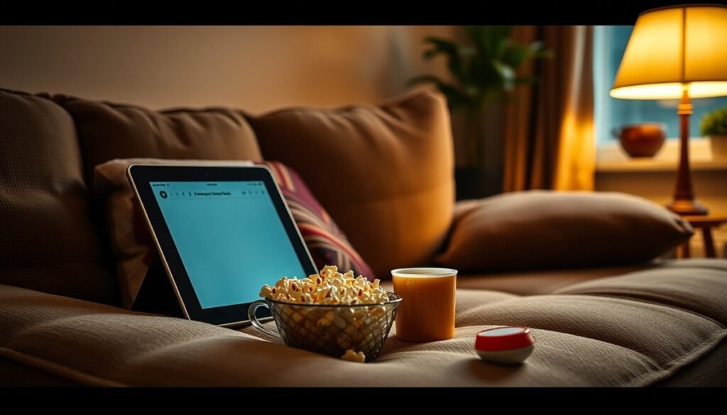 Tablet reproduciendo Netflix en ambiente hogareño con palomitas y bebida, creando setup perfecto para entretenimiento en casa Disfruta del mejor contenido multimedia en pantalla grande