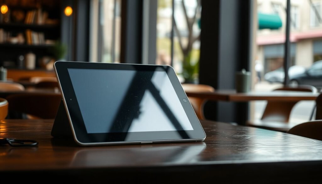 Tablet mostrando aplicaciones de VPN y seguridad con indicadores de protección en entorno público, enfatizando navegación segura Por que necesitas una VPN en tu tablet