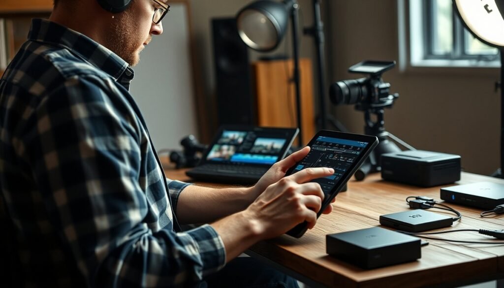 Professional video editor using 256GB tablet for 4K content editing in studio workspace Quien necesita realmente una tablet de 256 GB