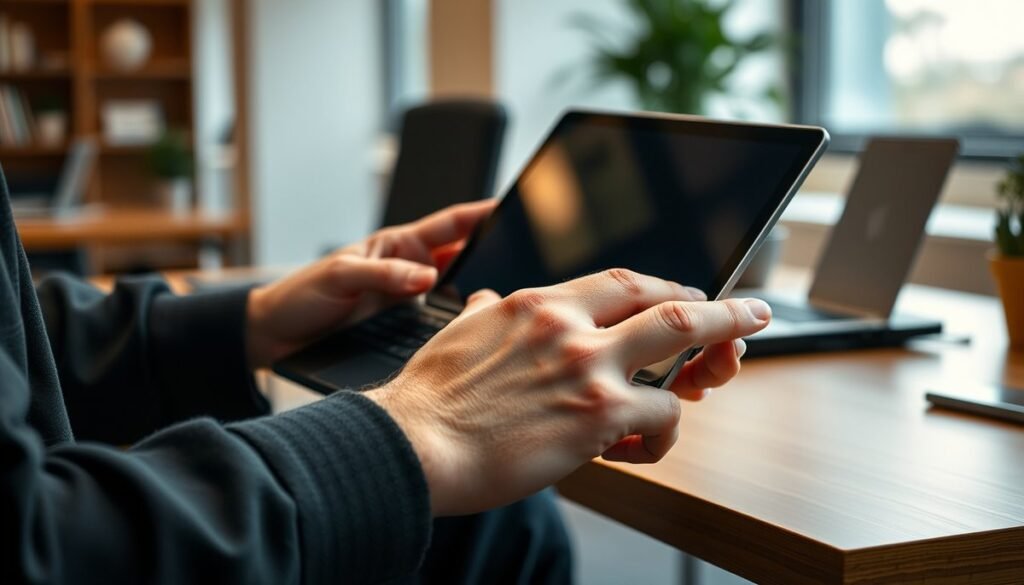 Manos de usuario trabajando en tablet con teclado inalámbrico, visualizando aplicación de productividad con documentos en oficina moderna Transforma tu tablet en una potente herramienta de trabajo